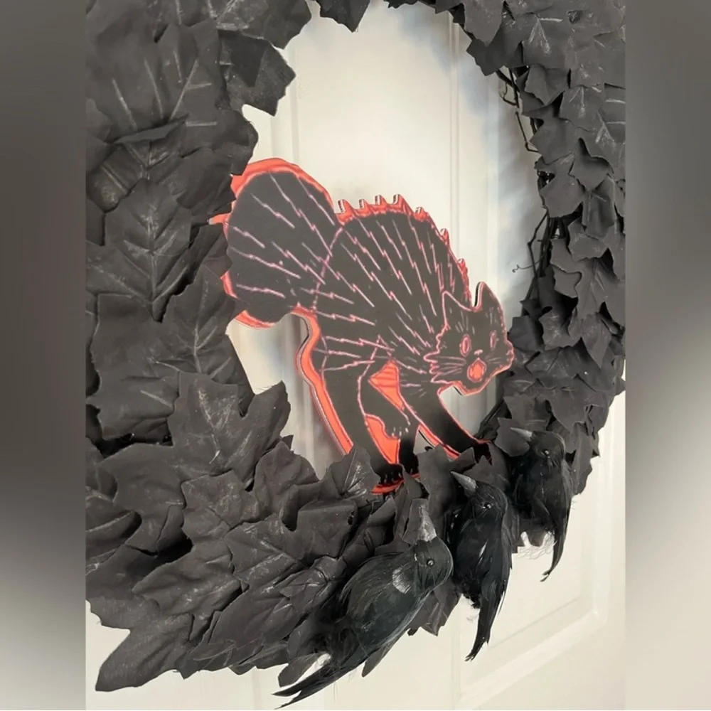 Hand Crafted Black Scaredy Cat Raven Wreath Black Leaves Black Orange Cat Goth